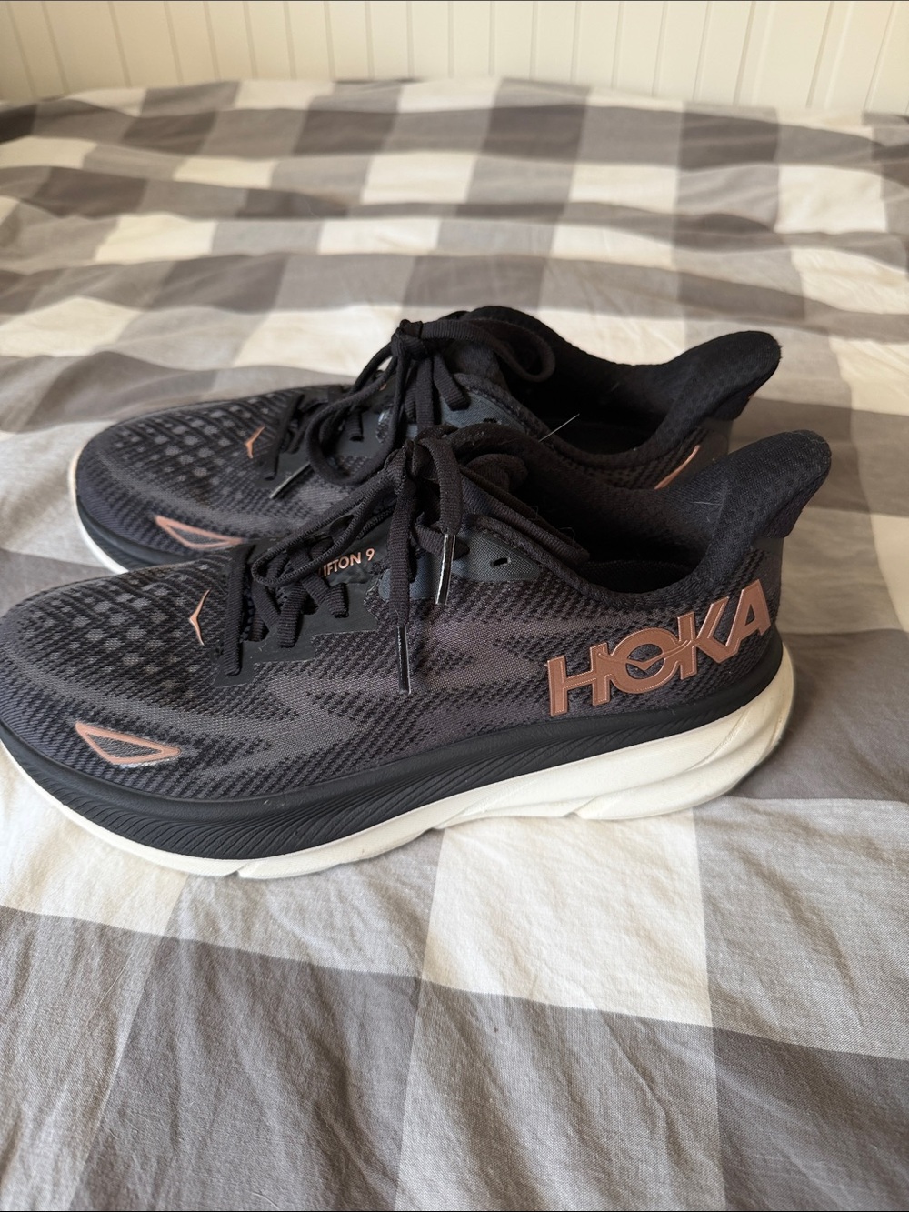 Hoka Black Running Shoes with Rose Gold Logos